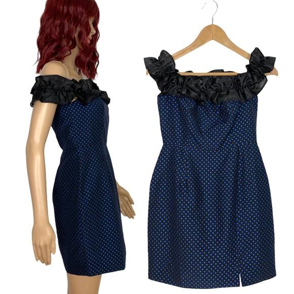 Lulus Lovely Night Jacquard Dress Womens XS Blue Polka Dot Off the Shoulder NWT - Picture 3 of 12